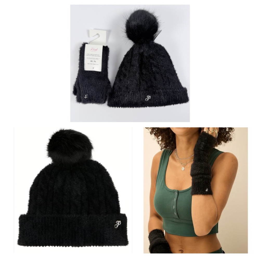Victoria's Secret PINK Fuzzy Feels Pom Beanie Fingerless Mittens Set Black NWT